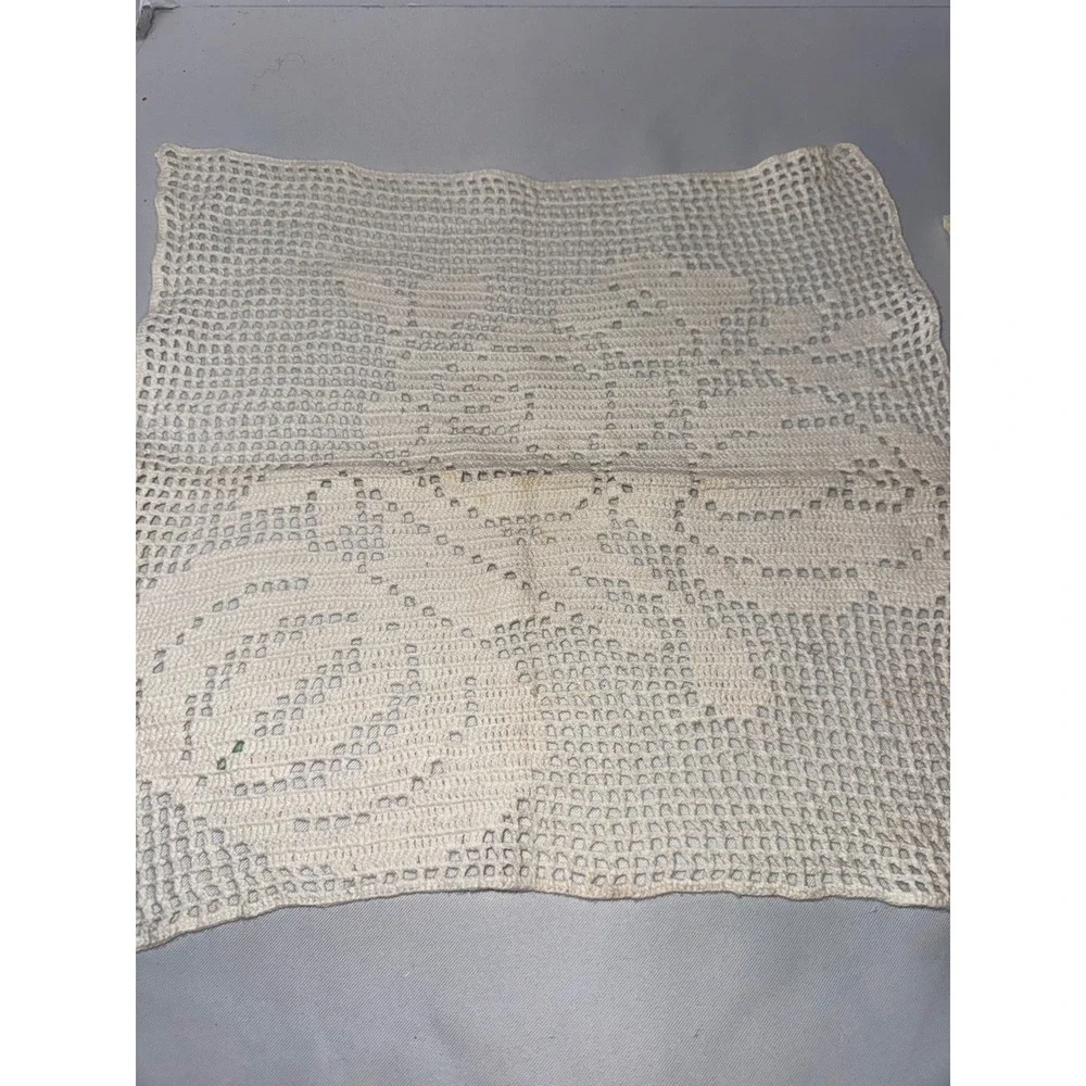 Vintage Crochet Rose Doily and Plaid Ruffle Dresser Scarf Lot Cream White 2pc